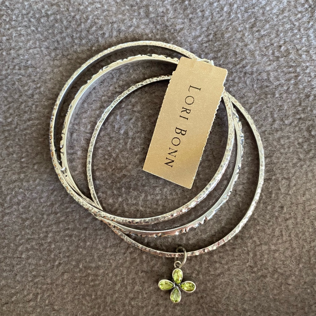 Lori Bonn Peridot Clover Charm On Triple Stacking Bangles